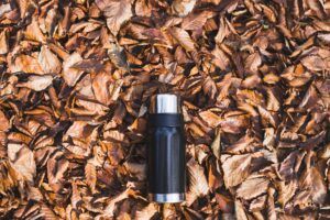 Thermos in autumn leaves